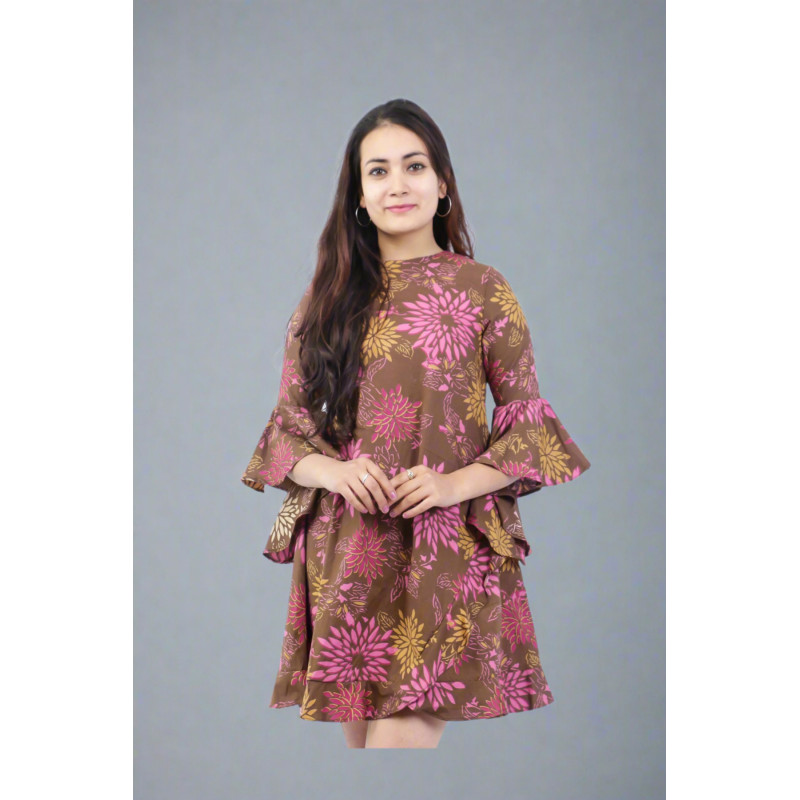 Brown Flared Sleeve Cotton Dress for Women – Elegant, Stylish & Comfortable Fit BGHB - 64