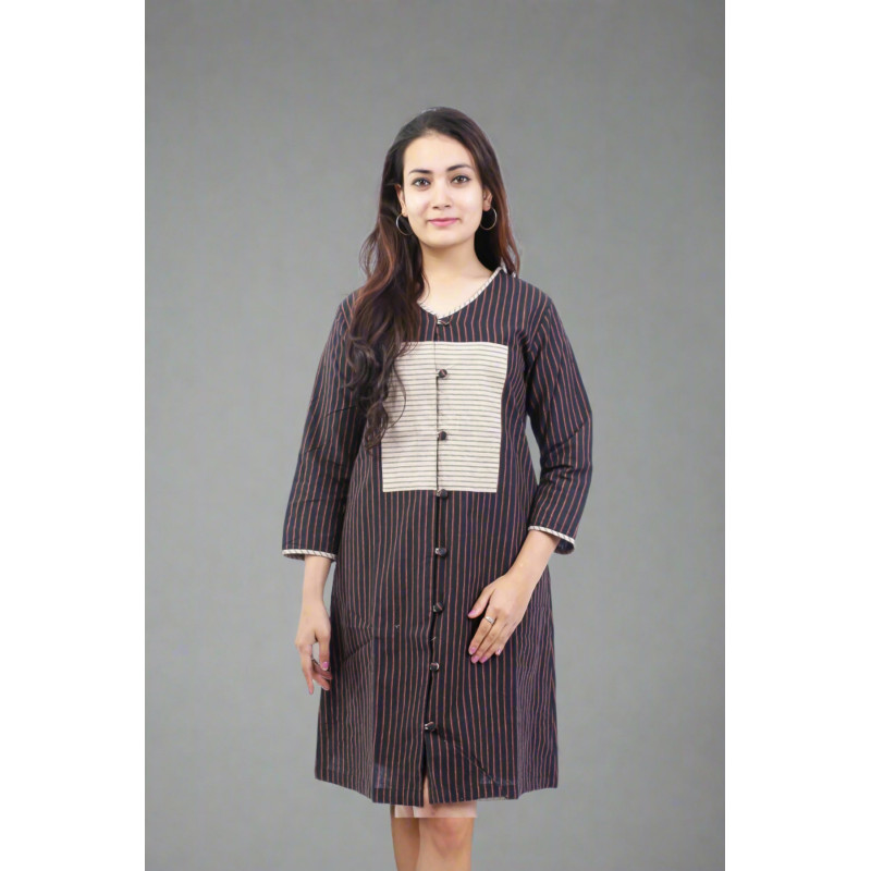 Brown & White Front Button Cotton Dress for Women – Elegant, Comfortable & Casual Fit BGHB-37