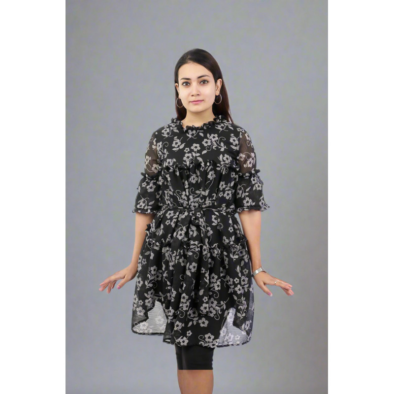 Black/White Floral Printed Sheer Short Dress For Women BGHB-29