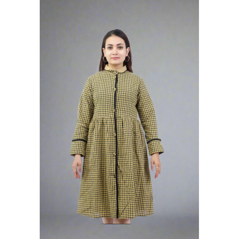 Checkered Front Button Cotton Dress for Women – Full Sleeves & Effortless Style BGHB-35