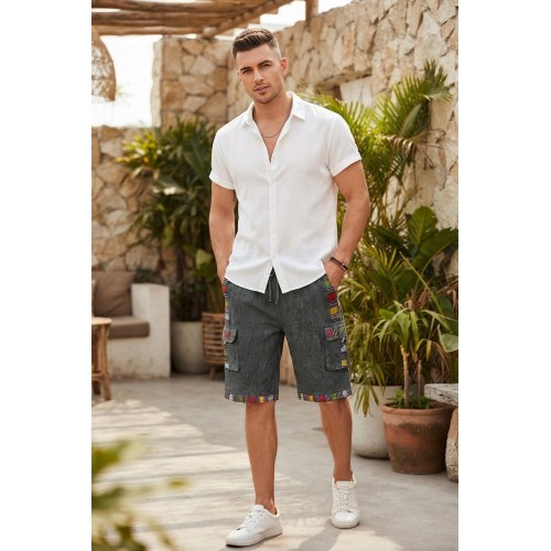 Unisex Cotton Cargo Shorts featuring Traditional Nepali Dhaka Patches FSGI-73
