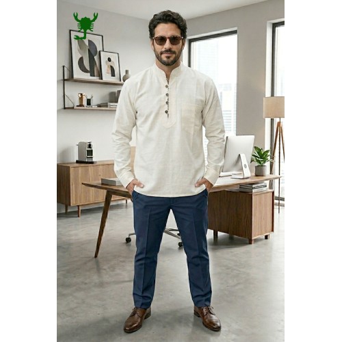 Men's Natural Hemp Kurtha Shirt – Eco-Friendly Long Sleeve Henley with Mandarin Collar & Wooden Buttons HCK-01