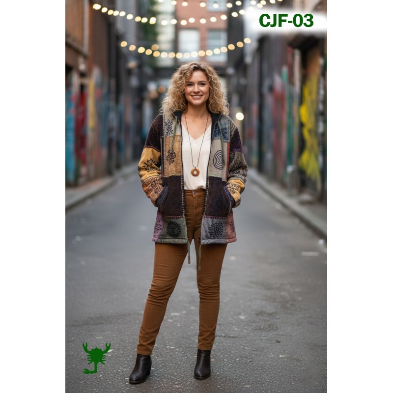 Handmade Bohemian Patchwork Hoodie - Heavyweight Fleece-Lined Hippie Jacket with Artisan Block Prints - Unisex CJF-03