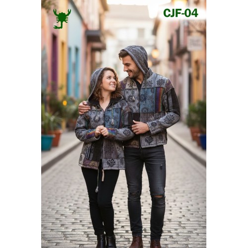 Artisan Patchwork Hoodie: Heavyweight Fleece-Lined Boho Jacket for Men & Women CJF-04
