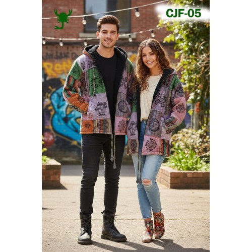 Bohemian Unisex Patchwork Fleece-Lined Hoodie – Handmade Hippie Jacket with Hood and Pockets CJF-05