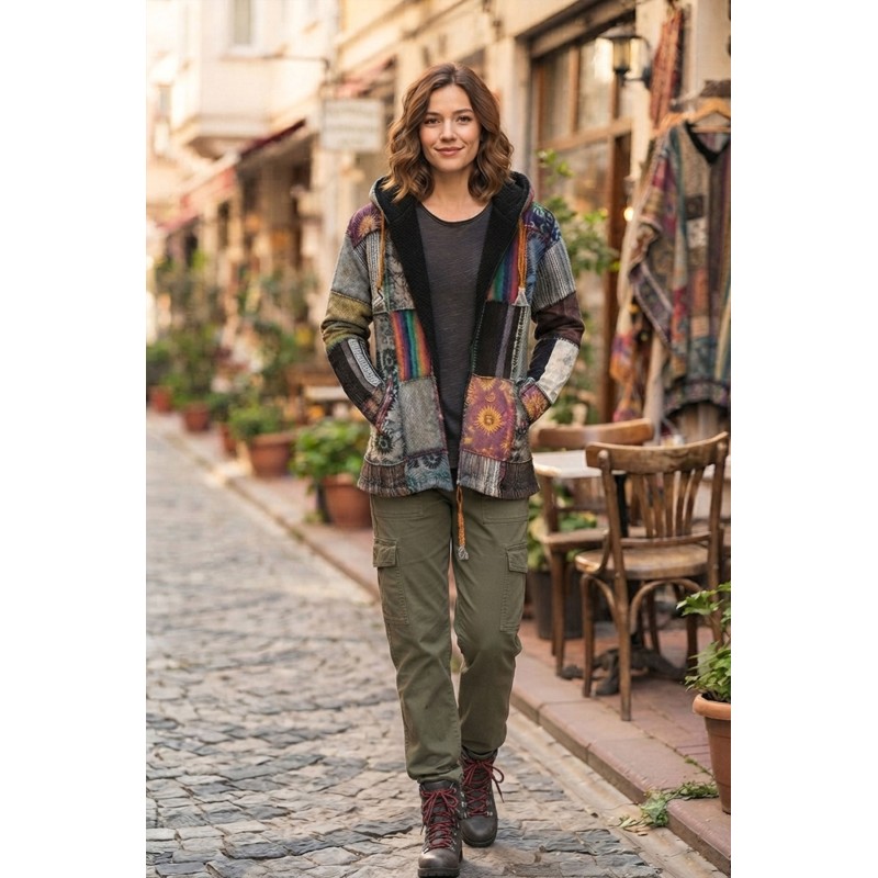 Unisex Bohemian Patchwork Jacket | Hippie Fleece Hooded Cardigan CJF-06