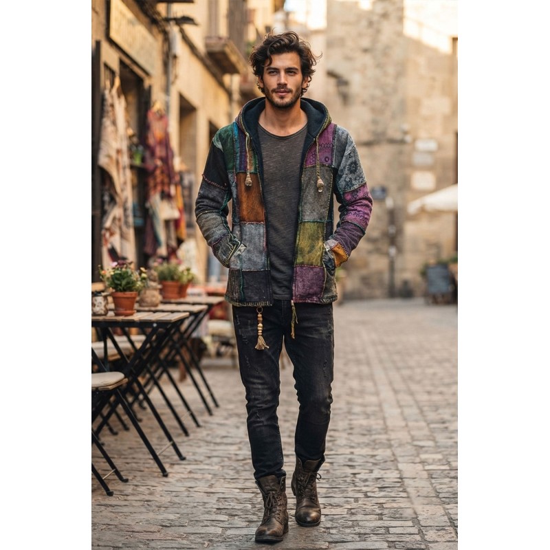 Boho Patchwork Zip-Up Hoodie Jacket for Men & Women | Handmade Hippie Fleece-Lined Casual Jacket CJF-07