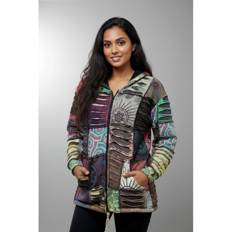 Bohemian Patchwork Distressed Hoodie with Polar Fleece Lining CJF-01
