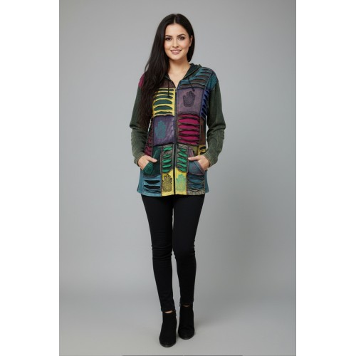 Hand Patchwork Hoodie with Distressed Rips and Polar Fleece Lining JK-01