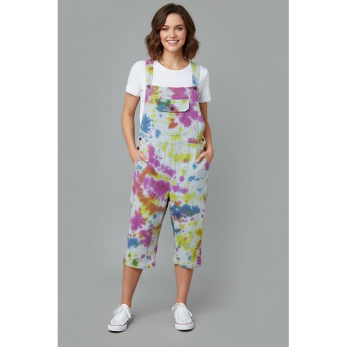 Casual Linen-Blend Tie-Dye Short Overalls/Dungarees SW-21