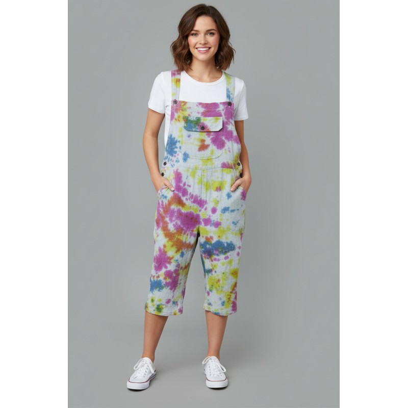 Casual Linen-Blend Tie-Dye Short Overalls/Dungarees SW-21