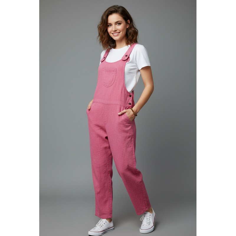 Women's Relaxed Fit Overall Jumpsuit | Pink Linen-Blend Casual Dungarees Z-04