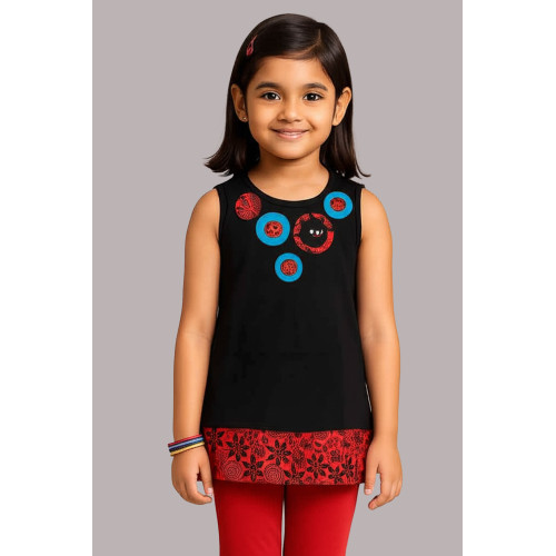Kids Sleeveless T-shirt with Circle Appliqués and Floral Design NBD-12
