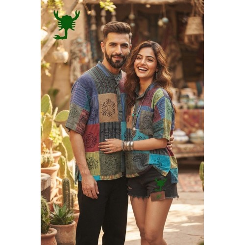 Unisex Boho Patchwork Short Kurta | Hippie Festival Cotton Half Kurtha FSGI-15