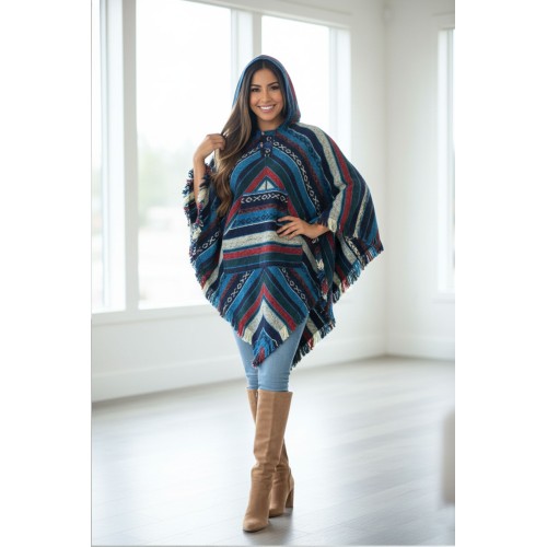 100% Cotton Hooded Poncho | Made in Nepal Tribal Knit Cape U-79