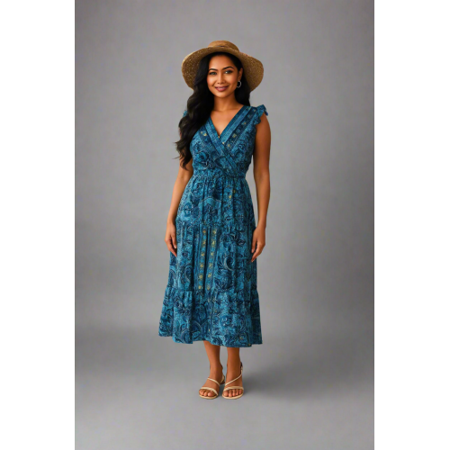 Women's Bohemian V-Neck Tiered Midi Dress – Flowy & Lightweight Summer Style DR-19