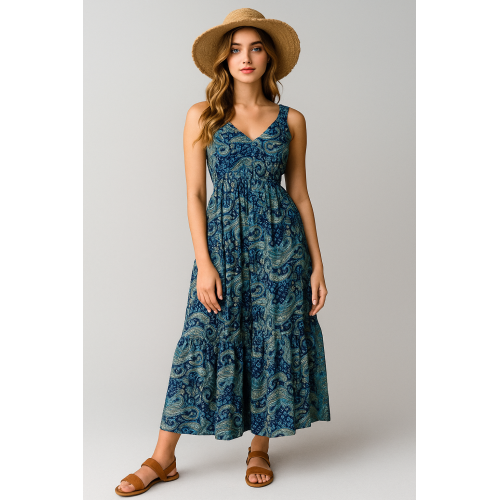 Bohemian Blue Paisley V-Neck Midi Dress | Women's Summer Sundress DR-53