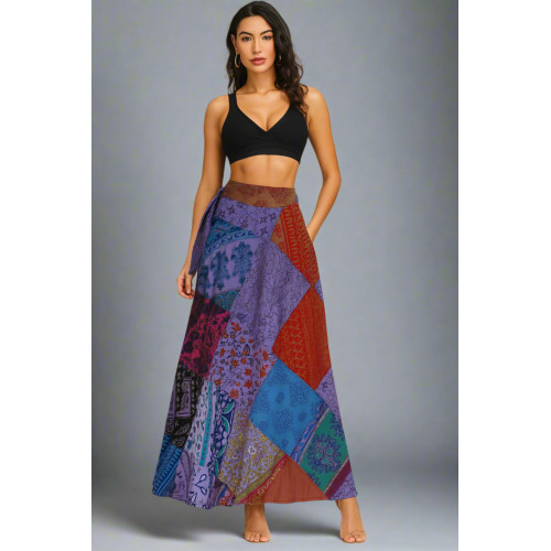 Women’s Colorful Cotton Patchwork Skirt – Artisan Flowy Wrap Style SK-03