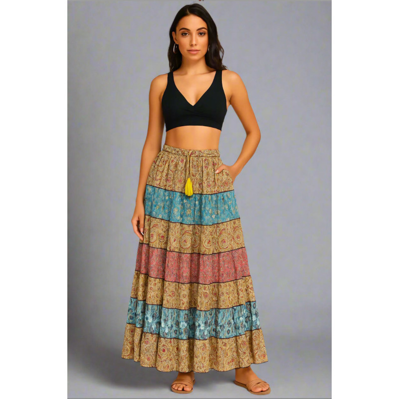 Women’s Colorful Patchwork Skirt – Boho Maxi with Tassels & Stretch Waist SK-05