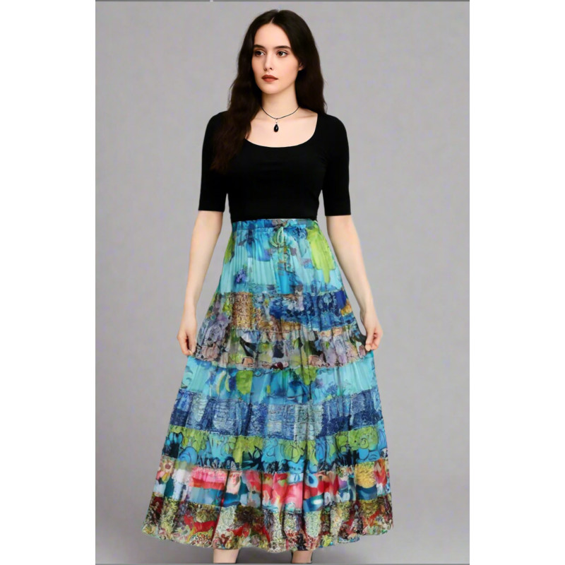 Colorful Tiered Patchwork Floral 7 Panel Overlock Cotton Silk Skirt - Boho Maxi SK-06