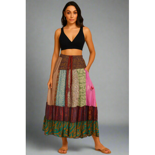 Boho Patchwork Maxi Skirt - Mixed Print Flowy Bohemian Long Skirt SK-07