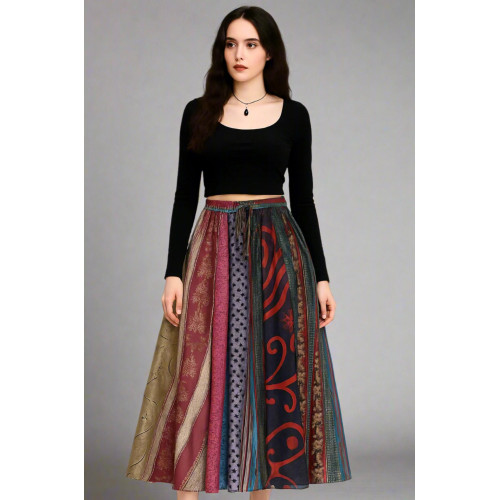 Bohemian Patchwork Maxi Skirt – Mixed Print Flowy Long Skirt SK-09