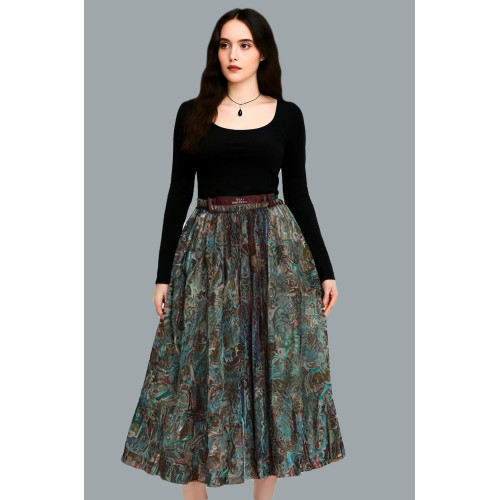 Abstract Floral Print Pleated Skirt - Women's Mid-Calf Flowy Skirt SK-17