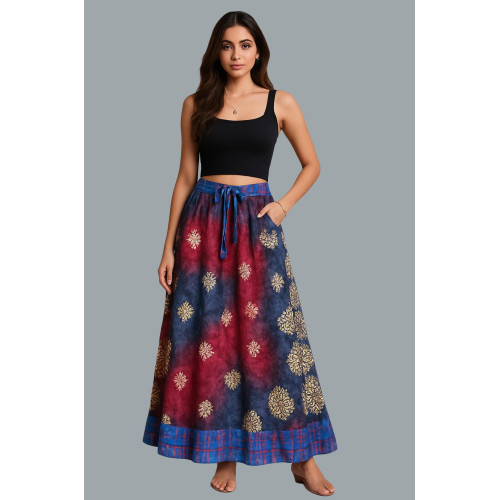 Silk Handcrafted Tie-Dye Maxi Skirt - Unique Red & Blue Floral Design SK-19