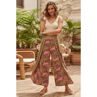 Boho Paisley Printed Silk Palazzo Pants with Wrap Overlay UC-01A