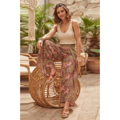 Boho Paisley Printed Silk Palazzo Pants with Wrap Overlay UC-01A