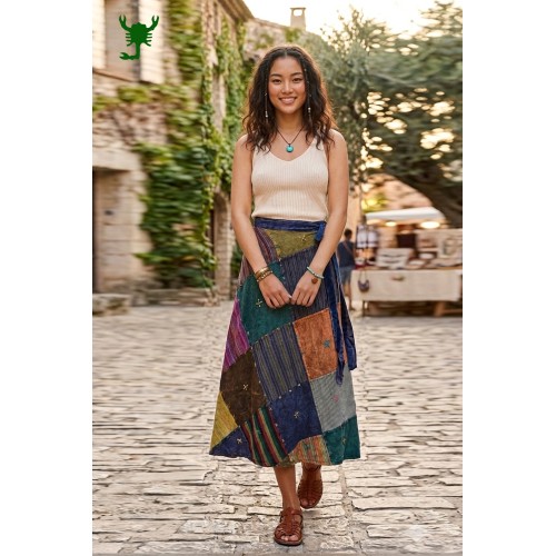 Multi-Color Line Print Patchwork Skirt | Artisan Flowy Long Skirt FSGI-06
