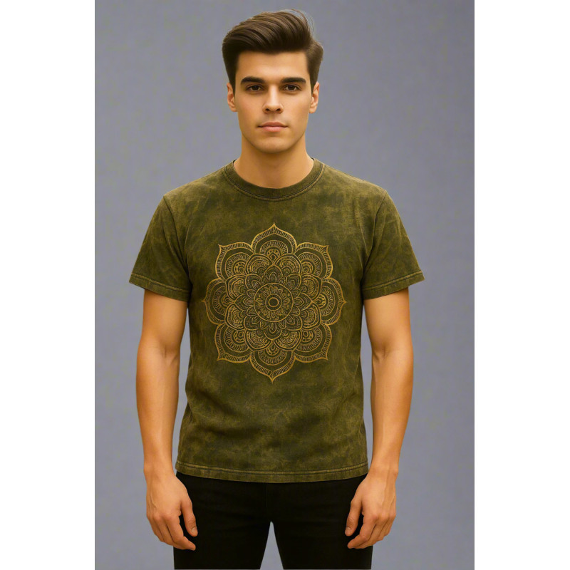 Handcrafted Mandala Printed Stone Wash Cotton T-Shirt – Boho Spiritual Wear B-01
