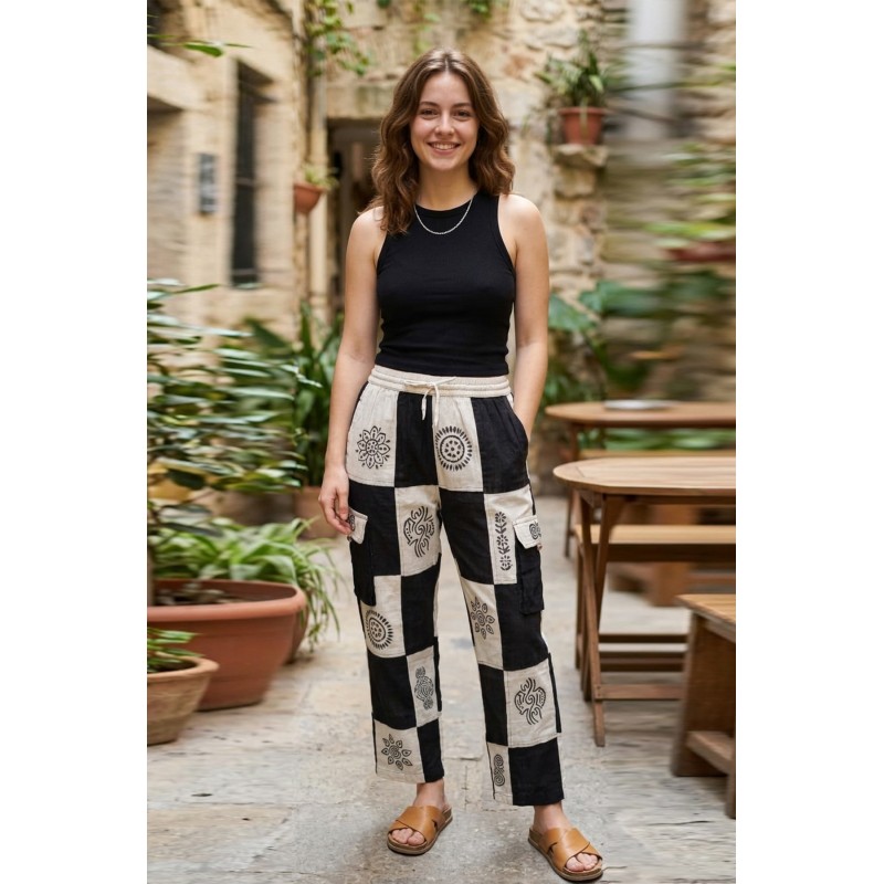 Unisex Cotton Patchwork Hippie Cargo Pants – Black & White S-02