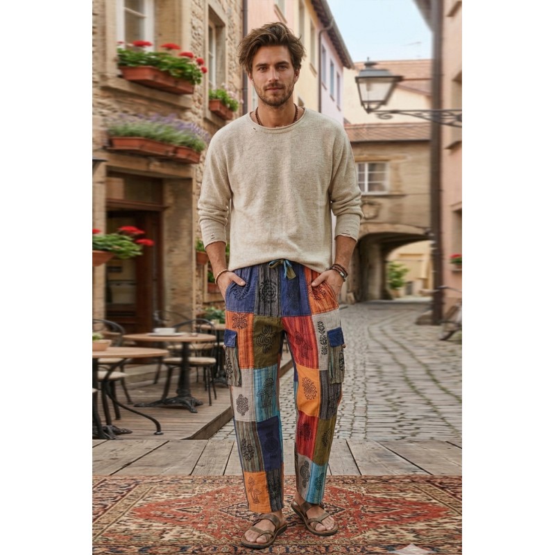 Unisex Multi-Print Patchwork Trousers – Comfortable Elastic Waist Cargo Style S-01