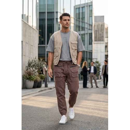 Unisex Casual Elastic Waist Joggers with Multi-Pocket Zip Detail FSGI-66