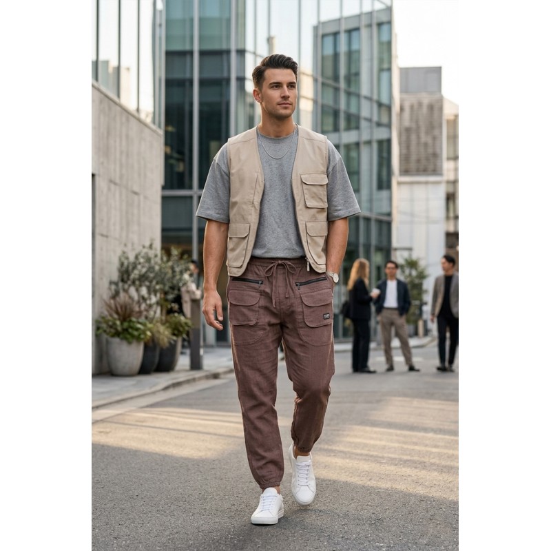 Unisex Casual Elastic Waist Joggers with Multi-Pocket Zip Detail FSGI-66