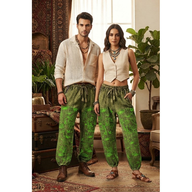 Green Mushroom Print Acid Wash Cargo Trousers | Boho Utility Pants FSGI-71