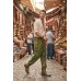 Green Mushroom Print Acid Wash Cargo Trousers | Boho Utility Pants FSGI-71