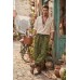 Green Mushroom Print Acid Wash Cargo Trousers | Boho Utility Pants FSGI-71