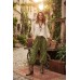 Green Mushroom Print Acid Wash Cargo Trousers | Boho Utility Pants FSGI-71