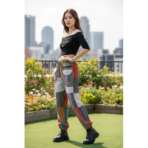 Lightweight Patchwork Harem Pants - Elastic Waist Boho Beach & Travel Trousers S-21A