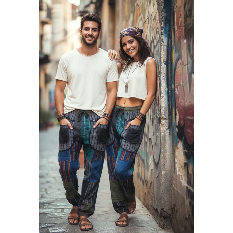 Unisex Bohemian Patchwork Joggers | Rainbow Hippie Harem Pants with Elastic Cuffs S-21