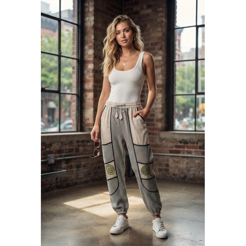 Hand-Woven Striped Cotton Joggers | Bohemian Style Utility Pants S-47