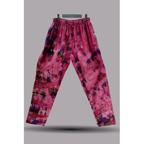 Hand-Woven Cotton Tie-Dye Bohemian Trousers for Women | Pink & Purple Artisanal Pants SW-08